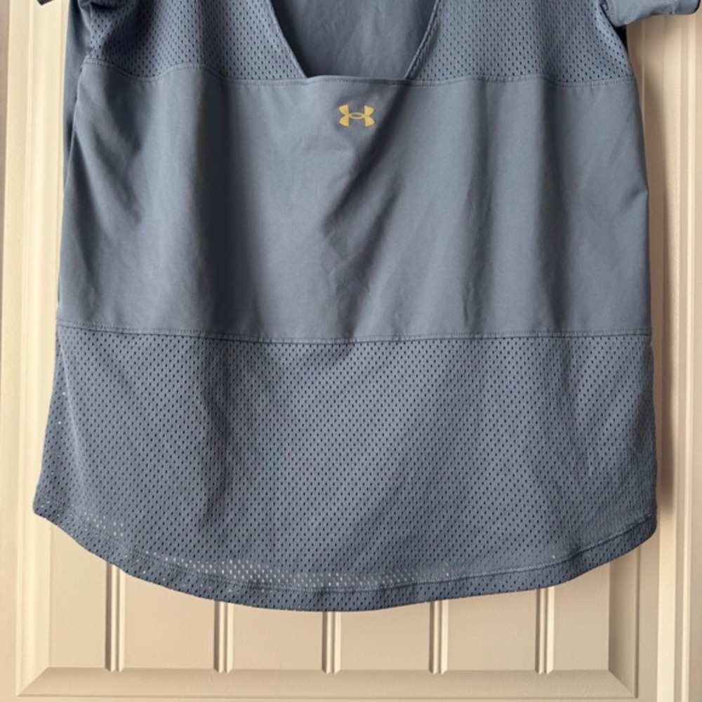Under Armour Womens Blue Mesh Panel Open Back Short Sleeve Workout‎ Top Large - Picture 5 of 9